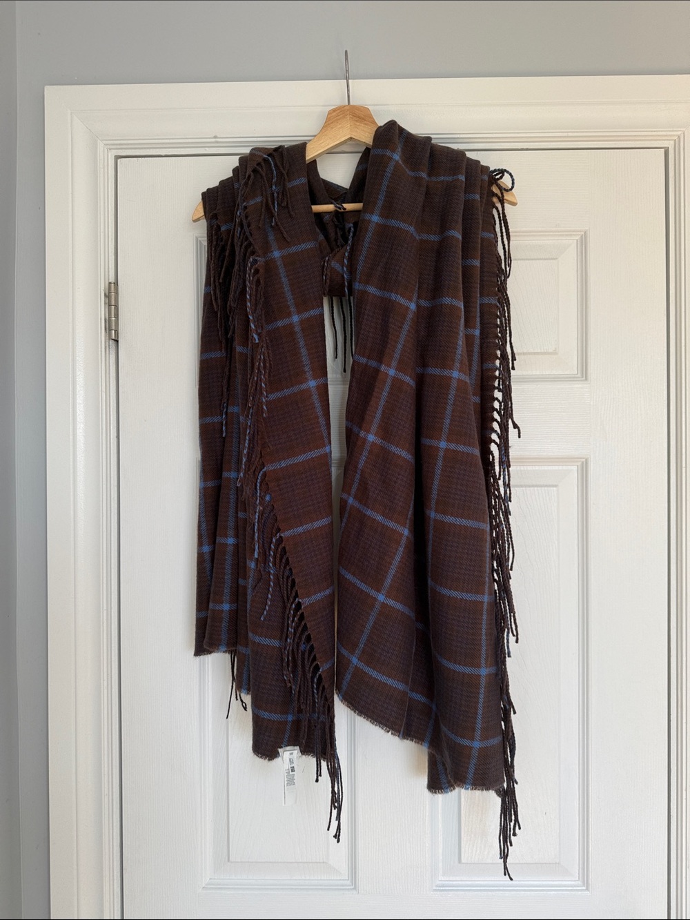 aerie Brown Plaid Fringe Wrap with Blue Windowpane